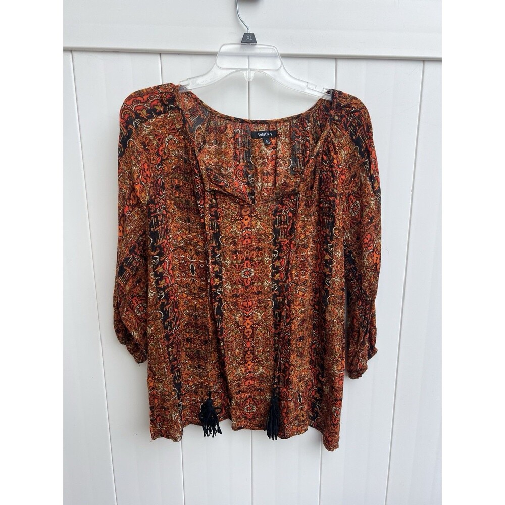 Relativity Boho Peasant Top Tasseled Long Sleeve Abstract Multicolor Sz Small